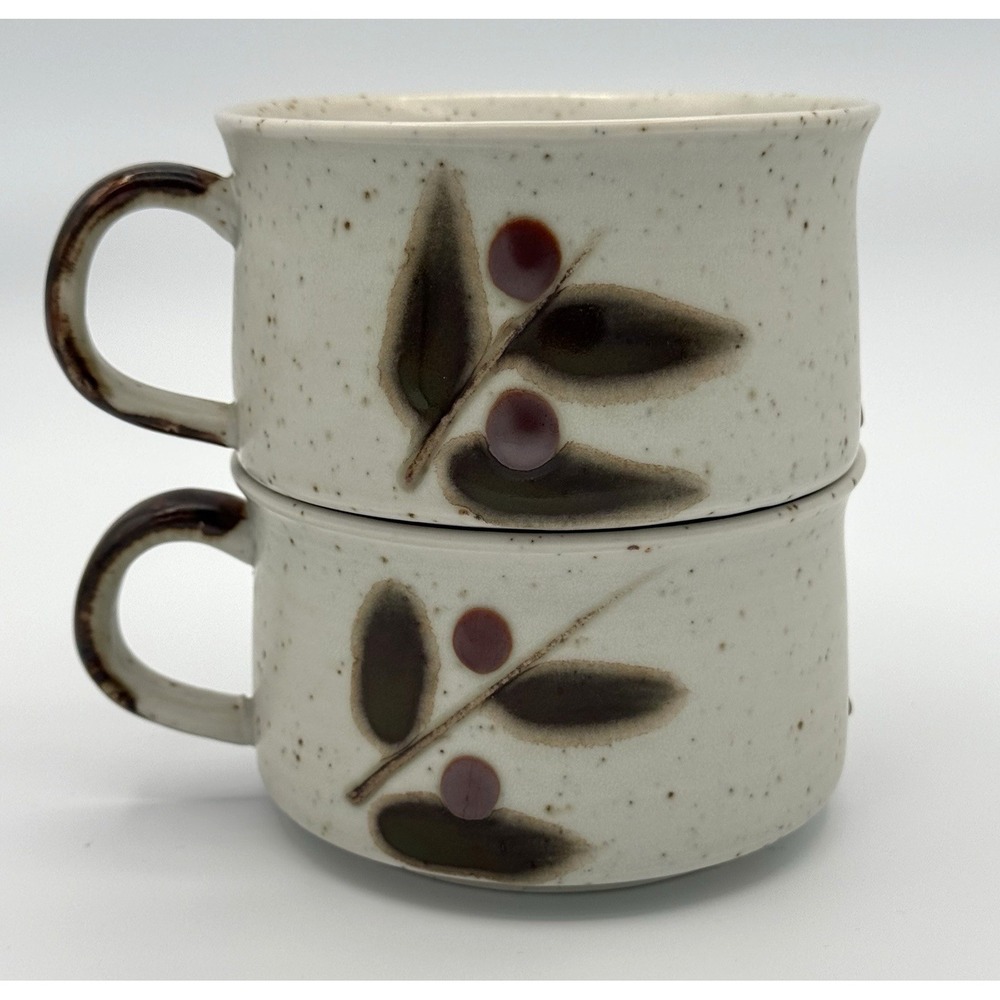 Vintage OTAGIRI Bittersweet Stoneware Soup Mug Bowl Set 2 Japan Berry Leaves MCM